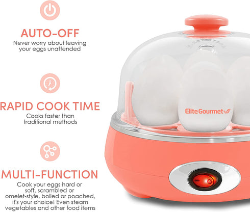 Elite Gourmet EGC007C Rapid Egg Cooker, 7 Easy-To-Peel, Hard, Medium, Soft Boiled Eggs, Poacher, Omelet Maker, Auto Shut-Off, Alarm, 16-Recipe Booklet, BPA-Free, Coral