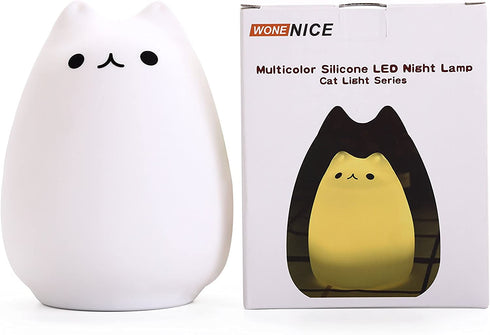 WoneNice Portable Cute Cat Silicone LED Night Lamp,USB Rechargeable Children Night Light with Warm White & 7-Color Breathing Modes, Touch Sensor Control, Christmas Gifts for Baby, Kids, Adults