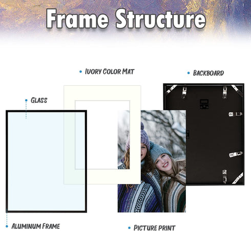 AUEAR, 11x14 Aluminum Wall Mounting Photo Frame with Ivory Mat for 8x10 Pictures Includes Sawtooth Hangers, Spring Clips Real Glass (Black)