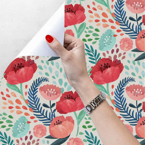 Blooming Wall Peel&Stick Red Flower Green Leaves Self-Adhesive Prepasted Wallpaper Wall Mural (Red Floral)