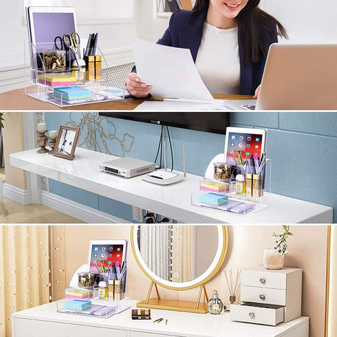 Premium Acrylic Desk-Organizer for Office/School Supplies, Desk Pen Holder for Pens/Pencils/Sticky note/Notebooks and Desk Accessories