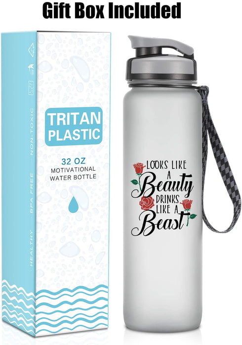 LEADO 32oz 1Liter Motivational Tracking Water Bottle with Time Marker, Looks Like a Beauty Drinks Like a Beast - Funny Mothers Day, Birthday Gifts for Women, Friends, Mom, Daughters, Sister, Wife, Her