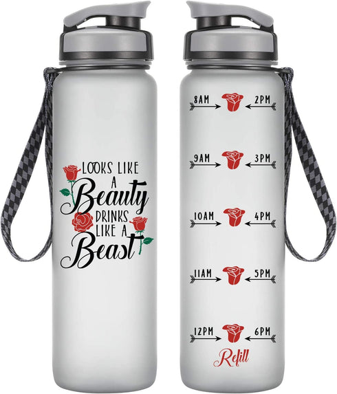 LEADO 32oz 1Liter Motivational Tracking Water Bottle with Time Marker, Looks Like a Beauty Drinks Like a Beast - Funny Mothers Day, Birthday Gifts for Women, Friends, Mom, Daughters, Sister, Wife, Her