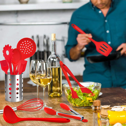 TeamFar Kitchen Utensils Set of 11, Red Silicone Cooking Utensils Spatula Set Heat Resistant For Nonstick Cookware, Perfect for Cooking Baking Mixing, Healthy & Non Scratch, Dishwasher Safe