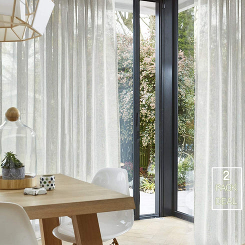FMFUNCTEX Flax Linen Sheer Curtains 84-inch Long Living Room Vintage Window Panel Drapes for Farmhouse Bedroom Rod Pocket, Natural, 52" Width, 2 Panels