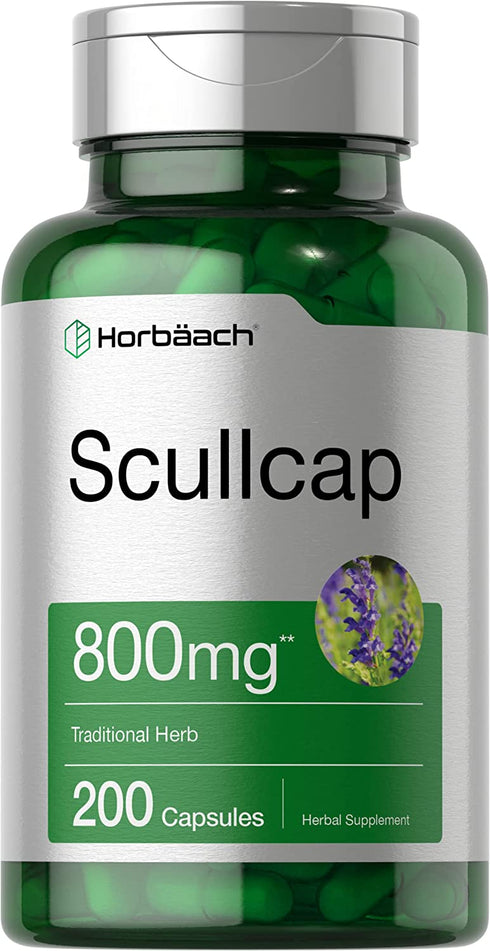 Scullcap Capsules | 800 mg | 200 Count | Max Potency, Value Size | Non-GMO and Gluten Free Scullcap Herb Supplement | Scutellaria Baicalensis | by Horbaach