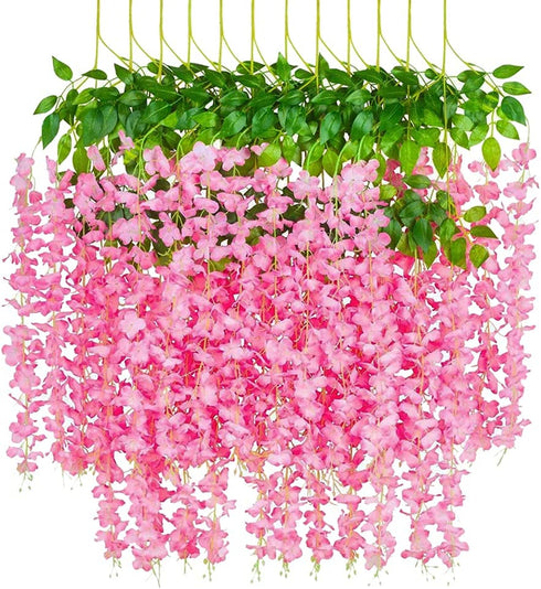 Oslimea 12 Pack 43.3 Feet Artificial Wisteria Vine Rattan Fake Wisteria Hanging Garland Flowers String Silk Wisteria Flower for Christmas Birthday Home Party Wedding Decor, Pink