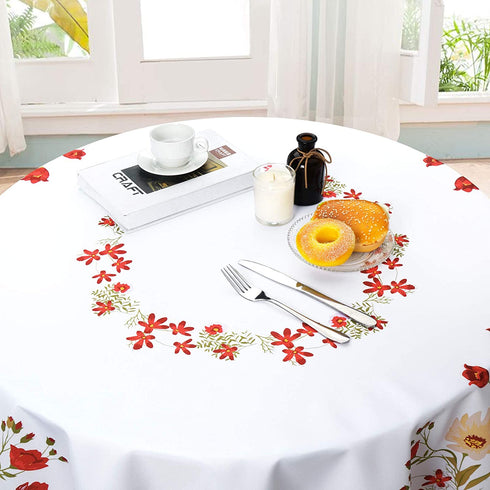 Floral Tablecloth, Wild Flower Table Cloth, Spring Summer Waterproof Wrinkle Free Tablecloth for Outdoor, Picnic, Camping, Patio, Party, Kitchen, Dining Room, Red and White, 55 inch Round