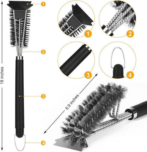 Grill Brush and Scraper Bristle Free, Grill Cleaner -Extra Strong Grill Cleaning Brush,18" Stainless Steel Barbecue Triple Scrubber BBQ Brush for Gas/Charcoal Grilling Grates -Scrubbing Sponges