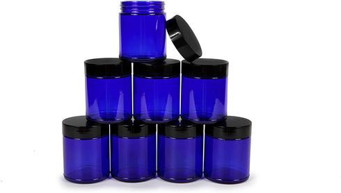 Vivaplex, Cobalt Blue, 8 ounce, Round Glass Jars, with Black Lids - 8 pack