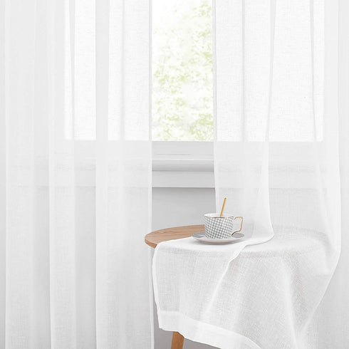 RYB HOME White Sheer Curtains 96 inch - Faux Linen Blend Semi Sheer Curtains Soft Light & Airy Privacy Sheers for Bedroom Living Room Canopy Bed Bathroom, 52 inch Wide x 96 inches Long, 2 Pcs