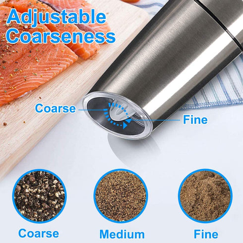 XinXu Gravity Electric Salt Shaker - Automatic Pepper Grinder - Pepper or Salt Mill, Battery-Operated with Adjustable Coarseness, Premium Stainless Steel with LED Blue Light, One Hand Operated