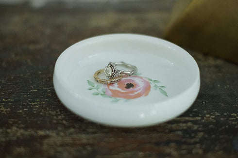Set of 4 Floral Ring Holder Dish Bowls- Trinket Tray or Boho Plain White Jewelry Dish Tray Personalized - Gift Favor Ring Tray - CEDAR + INK