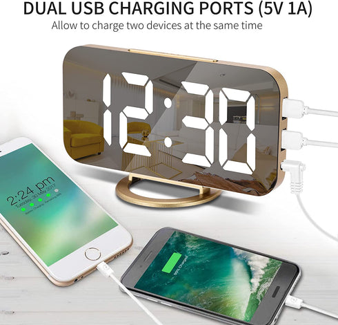 Digital Alarm Clock for Bedrooms, LED Mirror Digital Clock Large Display for Heavy Sleepers Teens, Snooze, Dual USB Charger Ports, 3 Level Brightness, Electronic Clock for Bedroom Living Room(Gold)