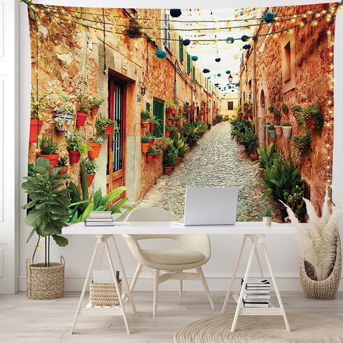 Ambesonne European Tapestry, Spanish Alley Rock Houses and Plants Latin Tourism Scene Mediterranean Print, Wide Wall Hanging for Bedroom Living Room Dorm, 60" X 40", Cream Green