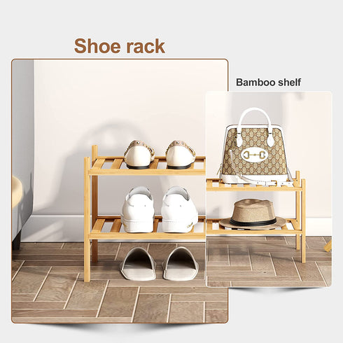 FILWH Bamboo Shoe Rack Stackable Shoe Shelf Storage Organizer for Unit Entryway Hallway and Closet Sturdy Freestanding Shoe shelf Natural (2 Tier)