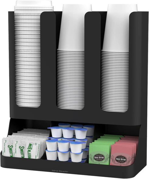 Mind Reader 6 Compartment Upright Breakroom Coffee Condiment and Cup Storage Organizer, Black, 13.5 x 4.30 x 12