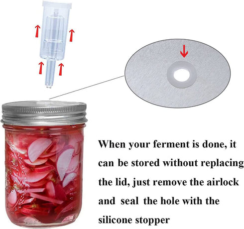 Fermentation Lids, 6 Set Fermentation Kit for Wide Mouth Jars, 6 Stainless Steel Fermenting Lids with 24 Silicone Grommets, 6 Airlocks, 6 Silicone Rings(Jars Not Included)