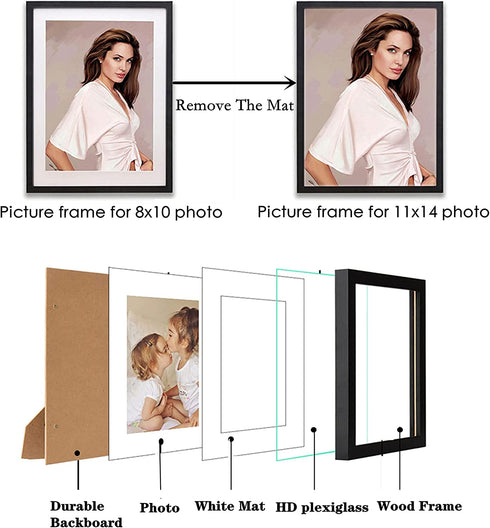 Decort 11x14 Picture Frame Set of 4 - Made to Display Pictures 8x10 with Mat or 11x14 Without Mat - Wide Molding - Pre-Installed Wall Mounting Hardware, Black