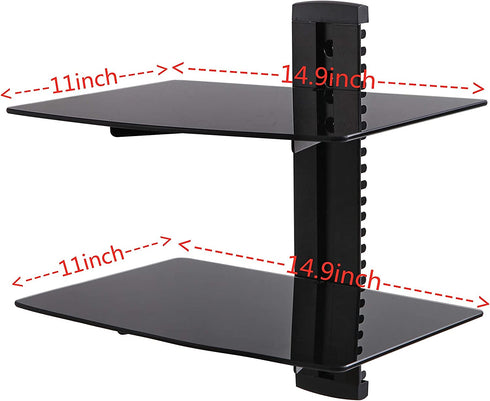 ABO Gear Floating Shelves Wall Mounted Shelf with Strengthened Tempered Glass for TV Box Cable Box Tv Accessories,2 Shelves, Black