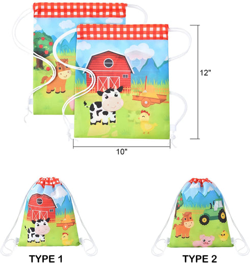 Farm String Bags - 12 Pack 10'' x 12'' Farm Animal Party Favor Gifts Bag for Kids Children Drawstring Pouches Wrap Goodie Bags Party Supplies for Birthday Christmas Travel Gym Beach