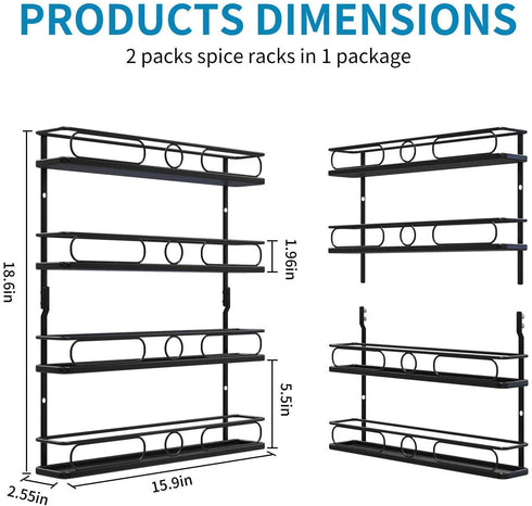 4 Tier Hanging Spice Racks for Wall Mount/Cabinet Pantry Door,Farmhouse Style Seasoning Organizer For Your Kitchen,Black