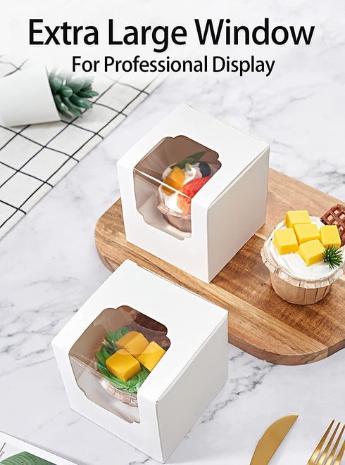 Happyhiram Cupcake Boxes Individual 50Pcs White, Auto Assembly Single Cupcake Containers Cardboard with Inserts and Window for Easter Bakery Treat Boxes Cupcake Holder and Carrier Togo Muffin Boxes