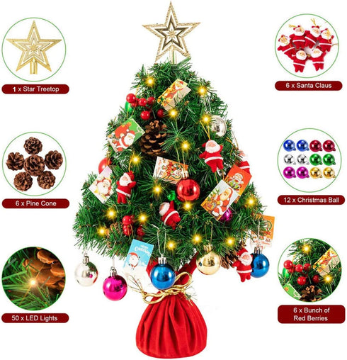 Oyydecor Pre-lit Artificial Mini Christmas Tree 24Inch Small Christmas Tree with 50 LED Small Lights and Cloth Bag Base for Table Top Desk Classic Series Holiday Decoration