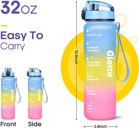 Giotto 32oz Motivational Water Bottle with Times & Removable Strainer to drink, Resuable Leakproof BPA Free Sports Water Jug to Remind You Drink More Water
