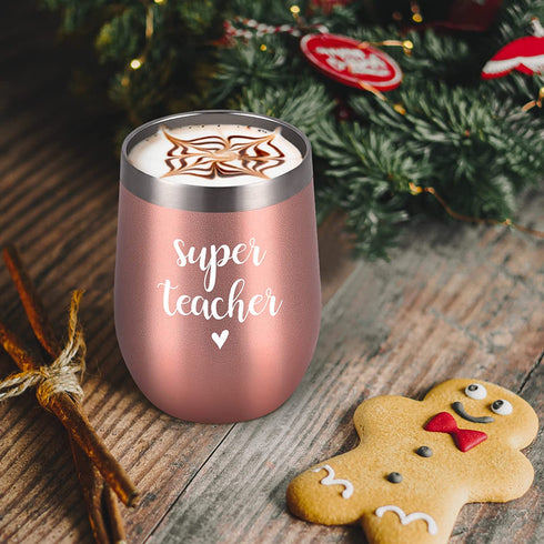 Super Teacher Stainless Steel Wine Tumbler, Christmas Birthday Appreciation Retirement Teacher™s Day Thank You Gifts for Teacher Tutor Professor Women, 12 oz Insulated Wine Tumbler with Lid, Rose Gold