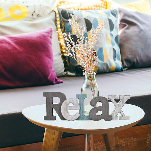 E-view Rustic Wooden Teal Home Sign Decorative Cutout Letters Freestanding Block Word Sign Hanging Ornament Table Shelf Decor (Relax)