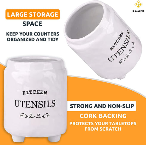 Ceramic Utensil Holder for Countertop , Utensil Holder Farmhouse Utensil Crock for Kitchen & Dining Table, White Cooking Utensil Holder, Spatula Holder with Relief Design