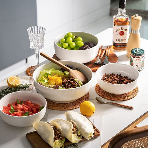 SWEEJAR Large Salad Serving Bowl, 8" Ceramic Bowls for Taco salad, Pasta, Pho, Soup, 2 Quart Mixing Bowl for Family Dinner, Daily Use, Set of Two (White)