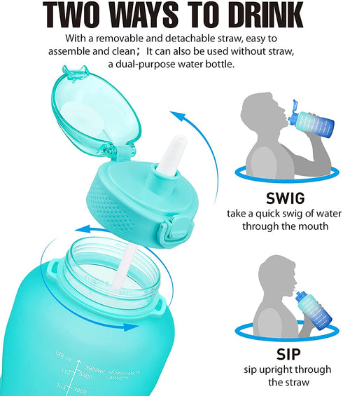 Water Bottles with Times to Drink, 1 Gallon/128oz BPA Free Leak-proof Water Bottle with Time Marker & Straw Perfect for Fitness Gym Camping Outdoor Sports, Water Jug