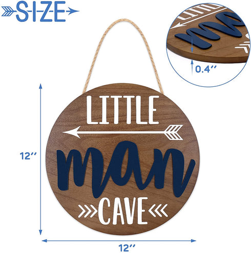Little Man Cave Wooden Round Door Sign for Little Boy Nursery Room Wall Art Natural Wood Baby Toddler Kids Bedroom Living Room Hanging Rustic Farmhouse Decor -Blue