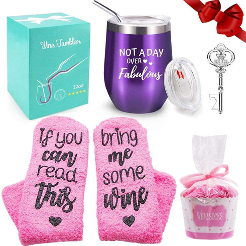 Not a Day Over Fabulous Wine Tumbler, Funny Birthday Wine Gifts with Saying for Women, Birthday Gifts Ideas for Her, 12 OZ Stainless Steel Wine Tumbler with Lid Straw Cupcake Wine Socks Bottle Opener