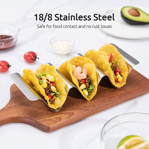 18/8 Stainless Steel Taco Holders: U-Taste Soft Hard Taco Shell Rack Oven Safe Metal Corn Tortilla Serving Tray Plates Stand Set with Handle and Rounded Curves (Set of 4)