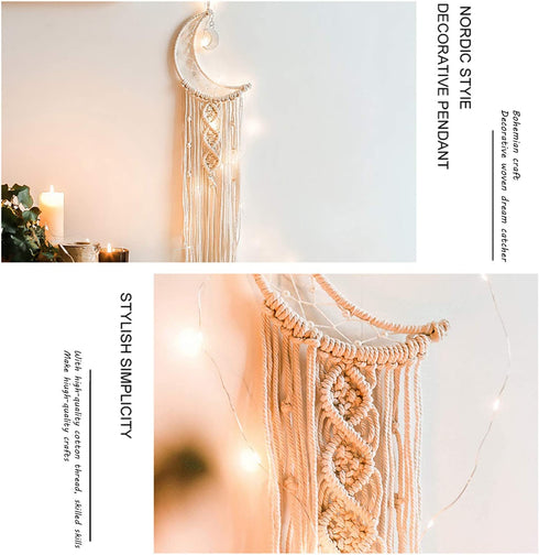 Dream Catcher, Aesthetic Room Decor for Teen Girls, Handmade Moon and Star Dream Catchers with Lights, Bohemian Macrame Cotton Woven Wall Hanging for Home Dorm Decorations Ornament Craft Gift (2 PCS)