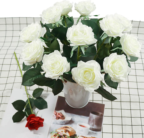 XDLBONNIE Artificial Silk Roses Long Stem Fake Rose Bulk with Stems Real Touch Flowers Bouquet for Wedding Home Party Arrangement Decoration Centerpieces Event Gift 10Pcs (White)