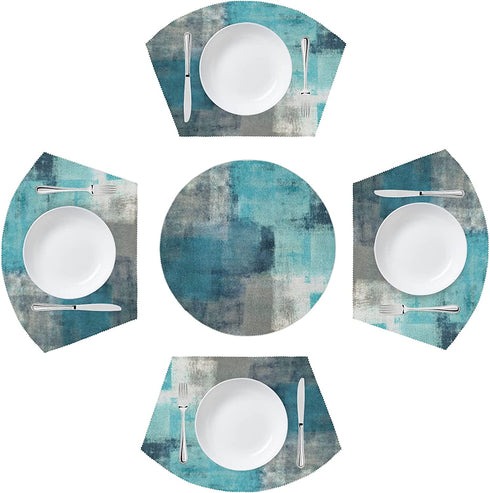 Modern Teal Turquoise Placemats for Round Table Set of 4 Grey Abstract Wedge Table Mats with Centerpiece Heat Resistant Washable Place mats for Indoor Outdoor Kitchen Dinning Table Decoration (5 Pcs)