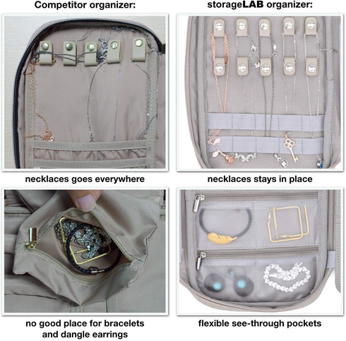 storageLAB Travel Jewelry Organizer, Faux Suede Clutch Bag for Necklaces, Earrings, Rings and Bracelets (Leather Brown)