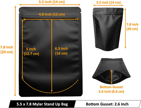100 Pack Matte Black Mylar Stand Up Bags - 5.5x7.8 Inches Smell Proof Resealable Bags, Sealable Foil Packaging Bags