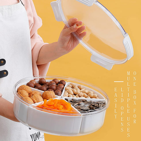 Round Plastic Divided Serving Tray with Lids, Snack fruit tray, 5 Compartment Round Food Storage Lunch Organizer, food storage lunch storage box, vegetarian candy snack party appetizer tray