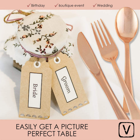 150 pcs Sturdy Rose Gold Silverware Set| Rose Gold Plastic Silverware for Black Tie Events, Wedding Receptions & Parties| Rose Gold Forks, Knives & Spoons| Disposable Rose Gold Cutlery With No Cleanup