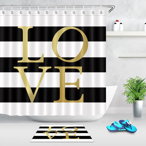 LB Black and White Shower Curtain Classic Gold Love Words Design Striped Shower Curtains Modern Bathroom Decor, Waterproof Polyester Fabric Curtain 72x72 Inch with 12 Hooks
