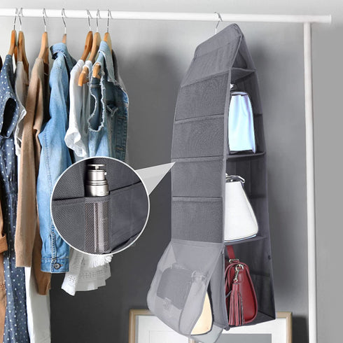 ELUCHANG 4-Shelf Hanging Closet Organizer, Handbags Holder with 2 Sturdy Hooks for Closet,Grey