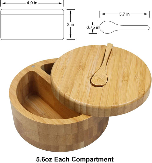 Bamboo Salt and Pepper Bowls by HTB, Divided Salt Cellar With Swivel Lid and Spoon, Seasoning Containers With Magnetic Lid to Keep Dry, Mini Spoon Built Into Top, Great When You May Have Messy Hands