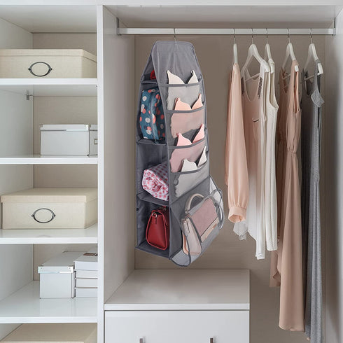 ELUCHANG 4-Shelf Hanging Closet Organizer, Handbags Holder with 2 Sturdy Hooks for Closet,Grey