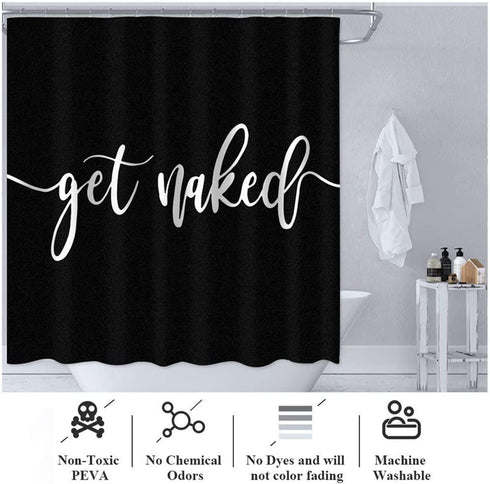 Bartori Home Decorative Shower Curtain with Free Hooks Overstriking and illegible White Words Get Naked On Black Background Waterproof Polyester Fabric Bath Curtain with Size 71''X71''