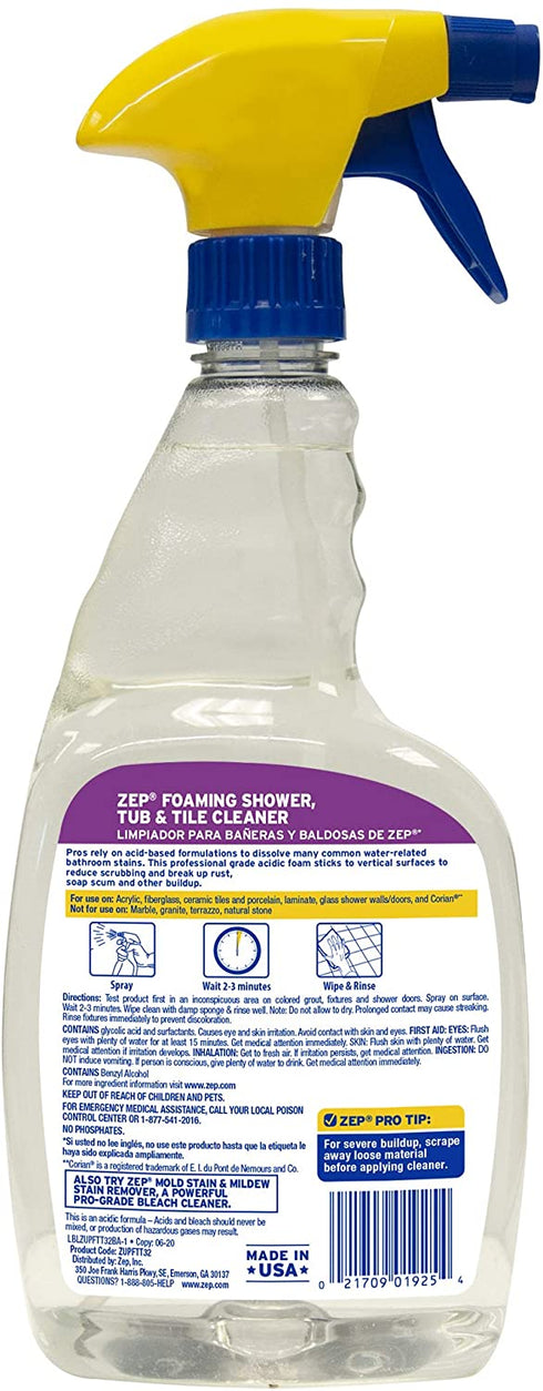 Zep Foaming Shower Tub and Tile Cleaner - 32 Ounce (Case of 2) ZUPFTT32 - No Scrub Formula, Breaks up Tough Buildup on Contact